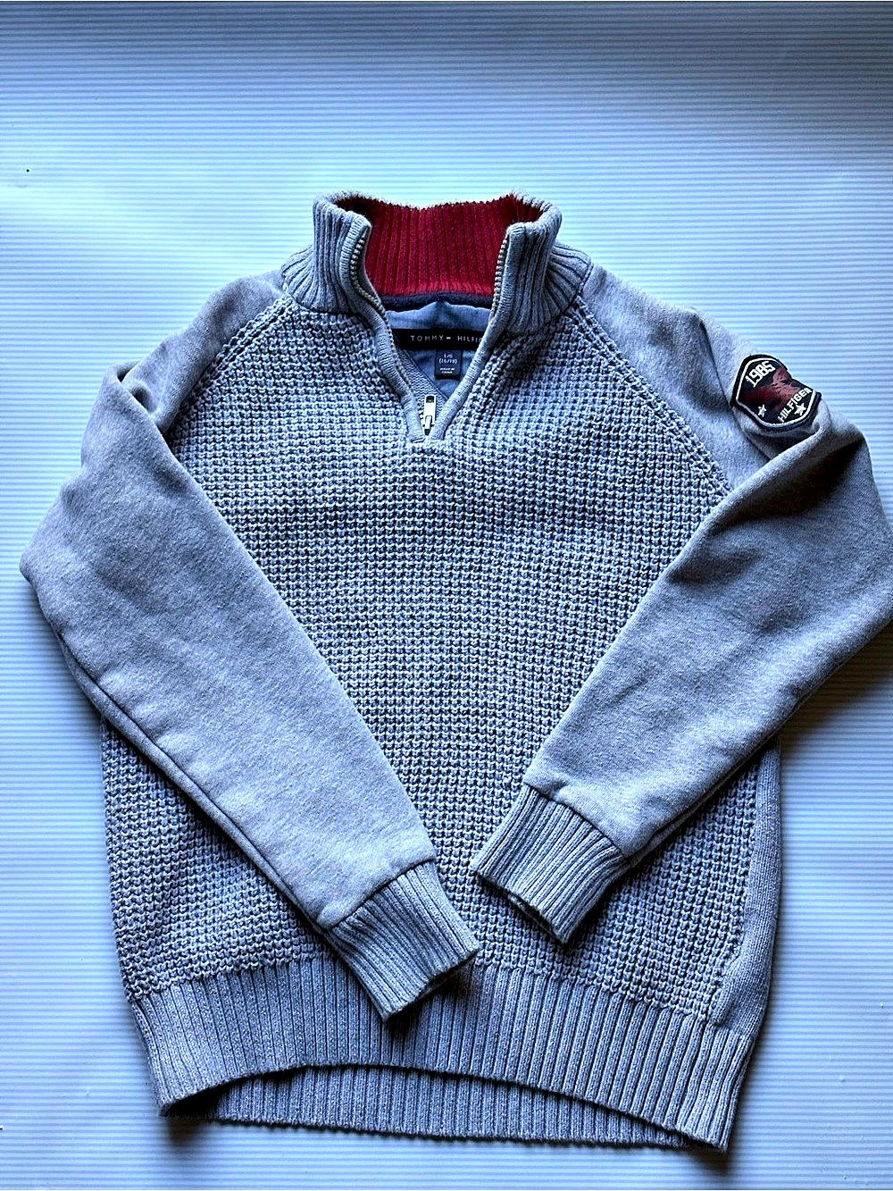 Tommy Hilfiger Boys Waffle Knit Quarter-Zip Sweater Gray Boys Large